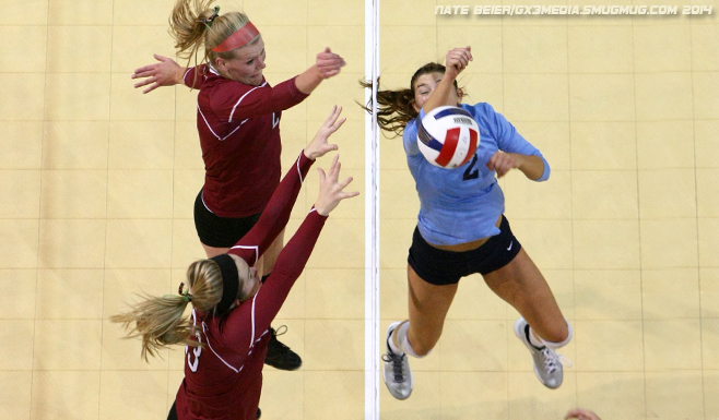 Viterbo's defense double blocks a Coastal Georgia hitter. PHOTO: Nate Beier, www.gx3media.smugmug.com