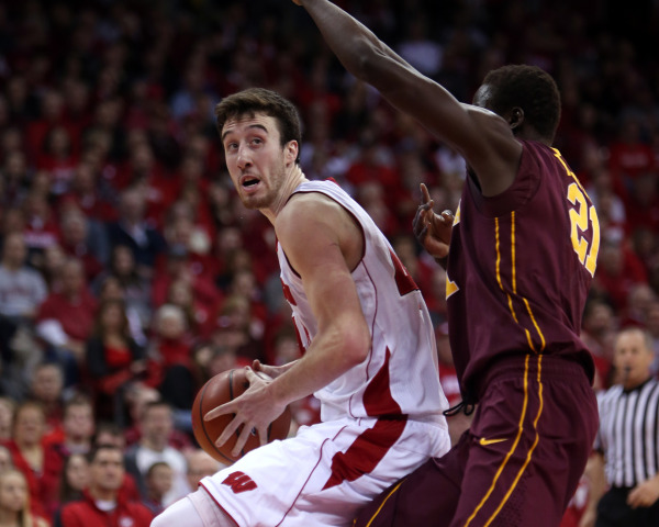 Wisconsin forward Frank Kaminsky (44) looks to shoot as Minnesota center Bakary Konate (right) defends at the Kohl Center. PHOTO: Mary Langenfeld, USA TODAY