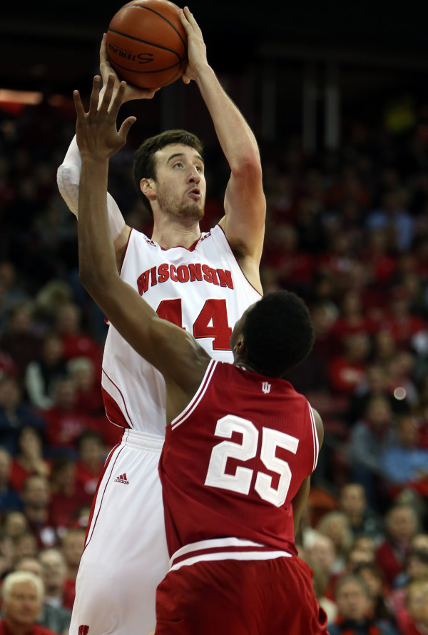 Wisconsin forward Frank Kaminsky (44) shoots over Indiana's Emmit Holt (25) at the Kohl Center. PHOTO: Mary Langenfeld (USA TODAY)