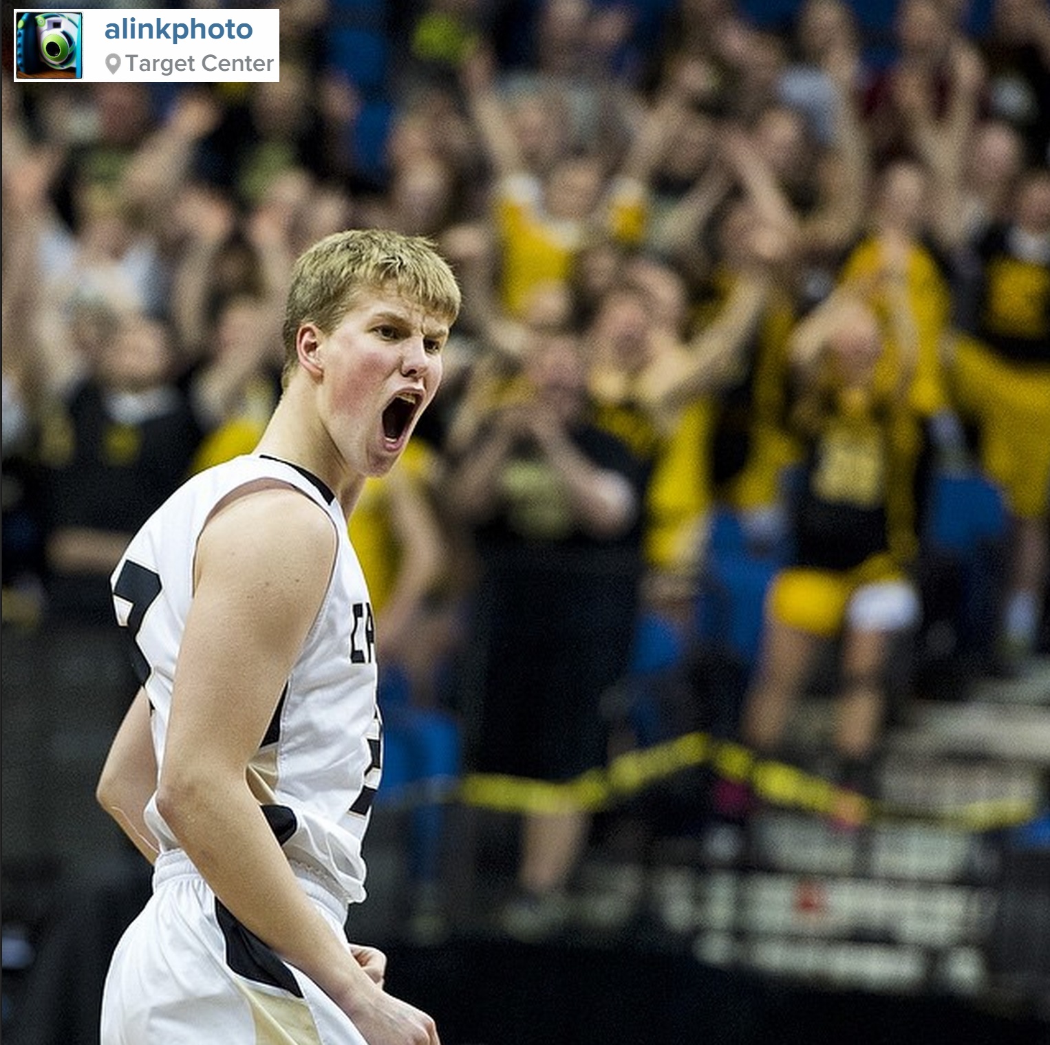 Caledonia's Kyle Sorenson reacts after hitting a 3-pointer in the first half of the state semifinal against Maple River on Friday, March 13, 2015, at the Target Center in Minneapolis. PHOTO: Andrew Link / @ALinkPhoto on Instagram