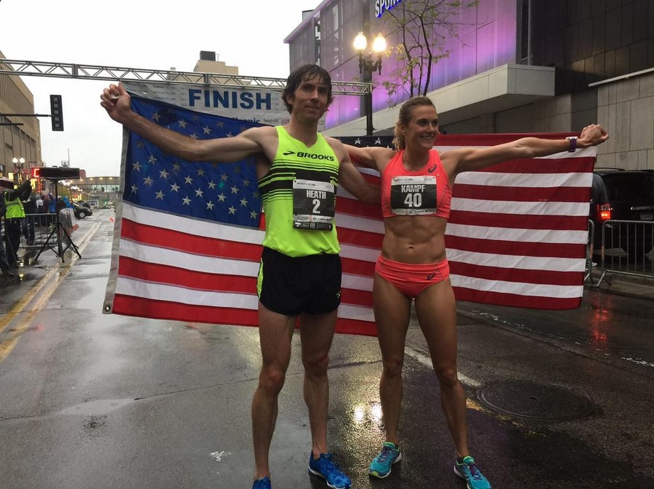 Garrett Heath (left) and Heather Kampf, winners of the Twin Cities 1-mile Road Race on Thursday in Minneapolis. PHOTO: @RunnerSpace_com