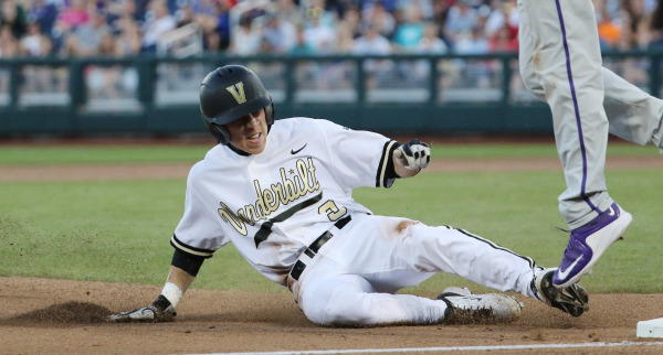 Jeren Kendall slides into second for Vanderbilt against TCU in the College World Series on June 19, 2015 at TD Ameritrade Park. PHOTO: John Russell