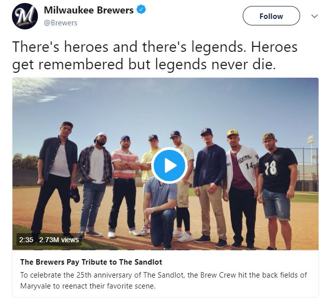 WATCH: Brewers pay tribute to 25 years of The Sandlot