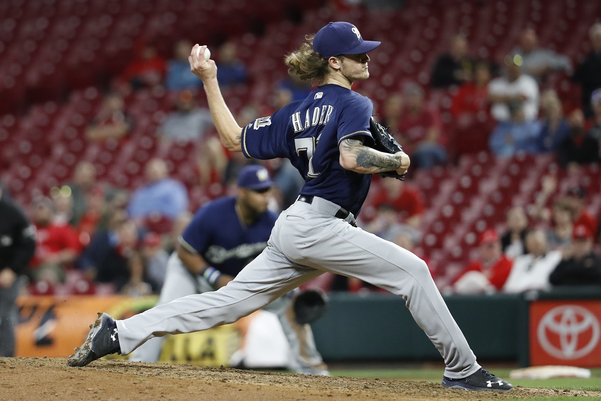 Brewers' Josh Hader strikes out 8 Reds in 2 2/3 innings