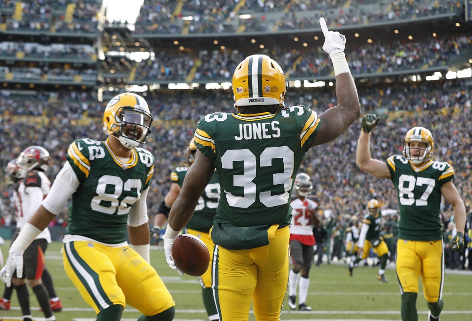 Packers celebrates a touchdown against the Tampa Bay Buccaneers at Lambeau Field
