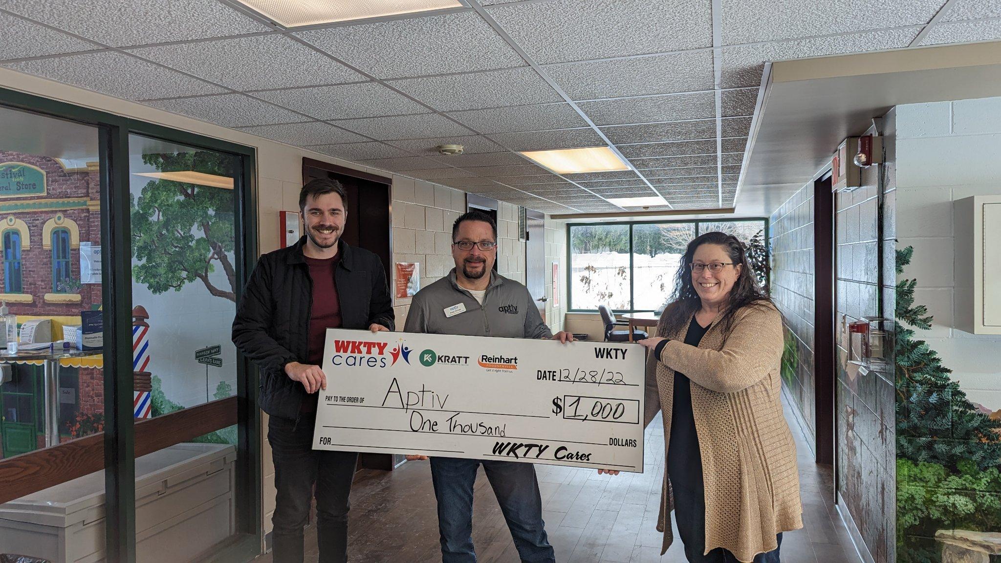 WKTY Cares donates $1,000 to Aptiv, thanks to Kratt Lumber, Performance Foodservice